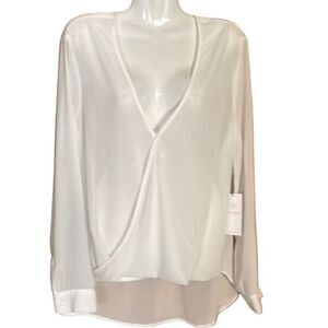 WAYF Womens Semi Sheer Top Sz L High Low Hem Blouson Front Long Sleeve Cream NWT
